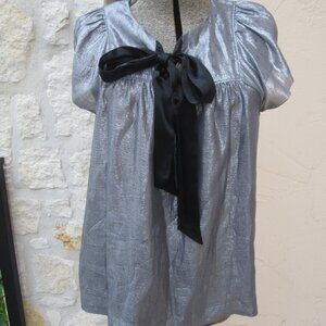 BANANA REPUBLIC Silk/Metallic Gunmetal Cap Sleeve Top w/ Black Tie at Neck Small
